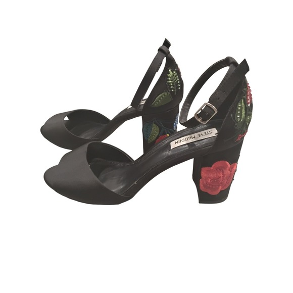 Steve Madden Shoes - Steve Madden Merlys Black Satin Floral Embroidered Sequin Block Heel  9.5M